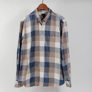 J. Crew Blue, Tan And Cream Large Check Long Sleeve Button Front Shirt, Size XL
